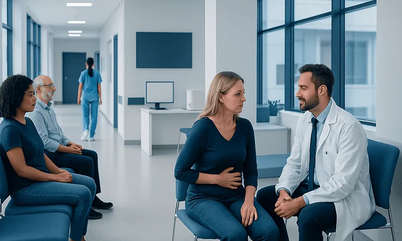 Doctor consulting with patient in hospital waiting area.