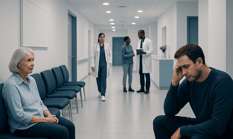Patient experiencing memory issues in a hospital corridor with medical staff nearby.