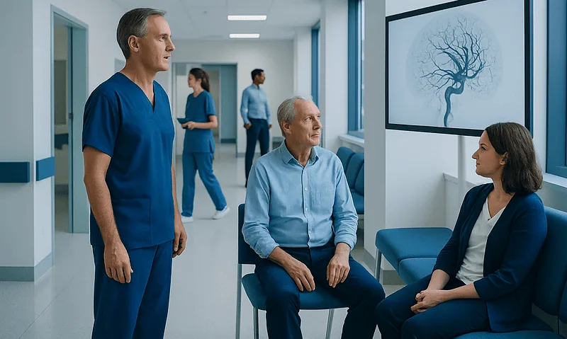 Doctor consulting with patient in hospital corridor with brain angiography image.