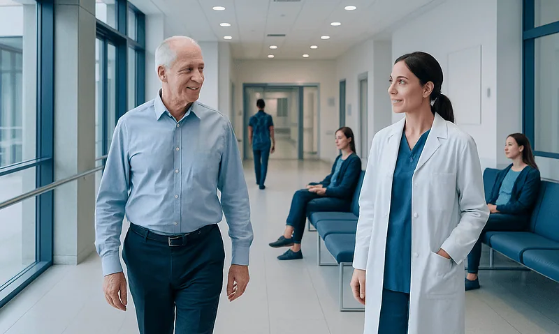 Senior man and female doctor talking in hospital corridor.