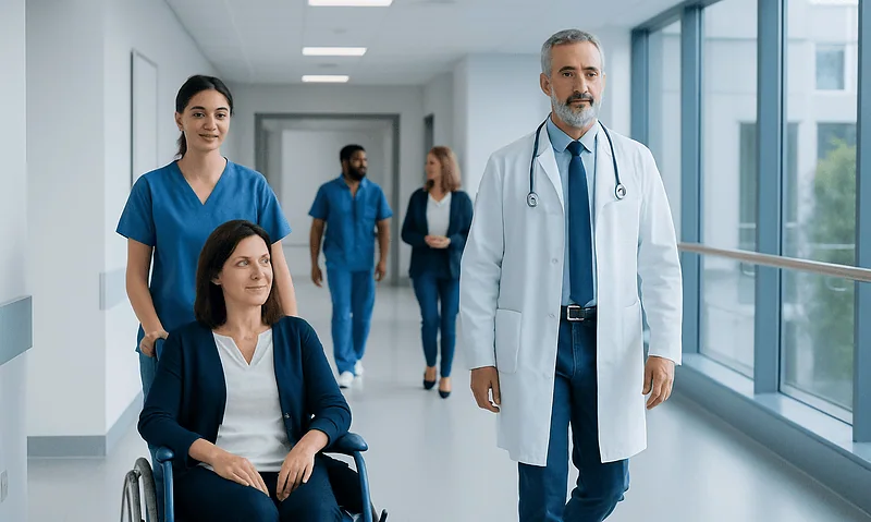 Medical team walking in hospital corridor with a patient in wheelchair.