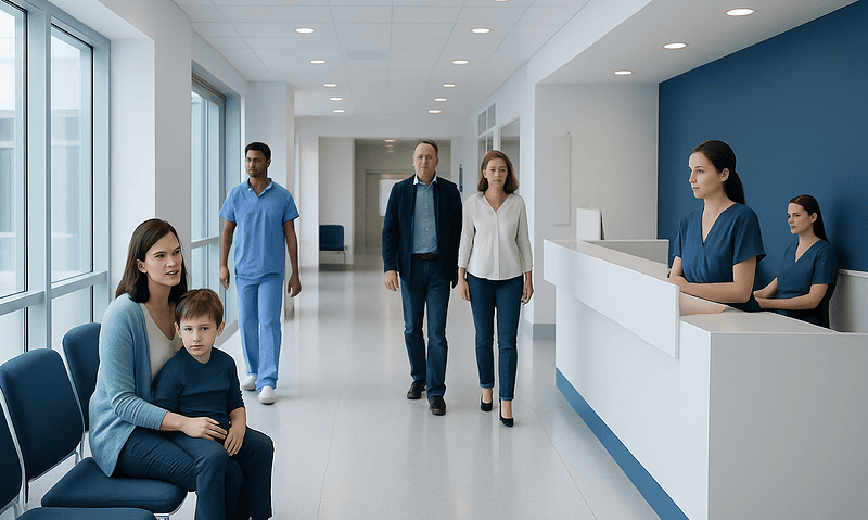 Developmental Regression in Children: When to See a Neuropediatric Neurologist 14 Children and parents in a hospital corridor with medical staff at reception.