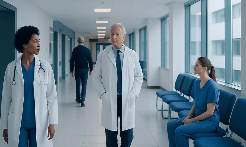 Medical team discussing patient care in hospital corridor.