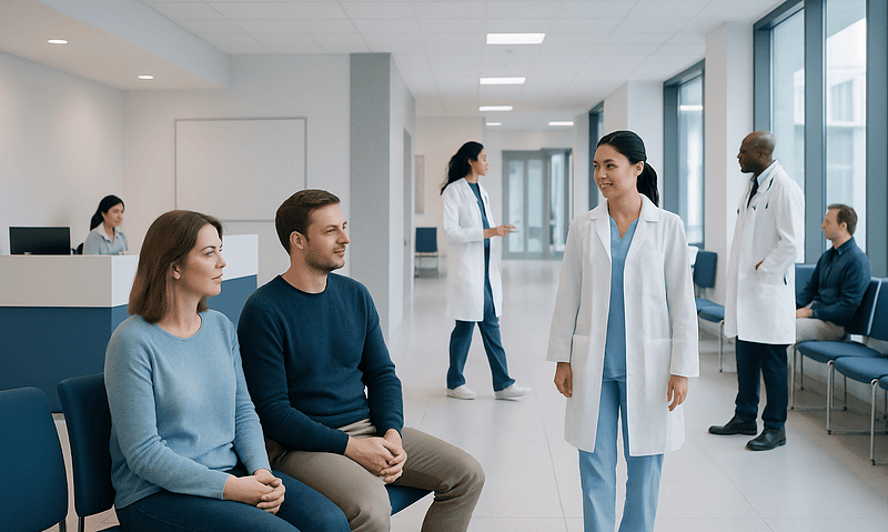 Patients waiting in a modern fertility clinic with medical staff nearby.