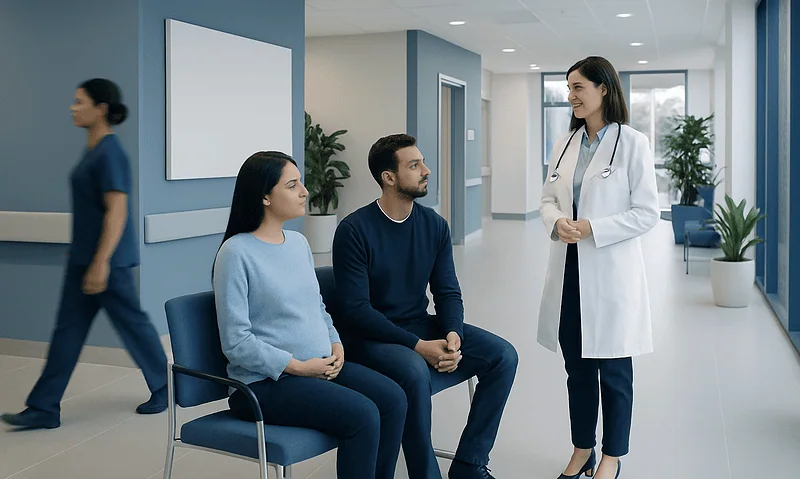 Doctor consulting with patients in a modern hospital corridor.