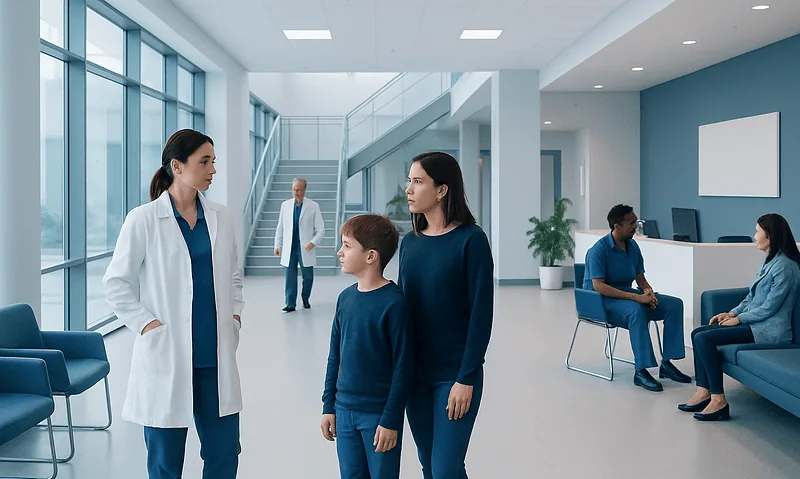 Children and parents consulting with a doctor in a modern hospital lobby.