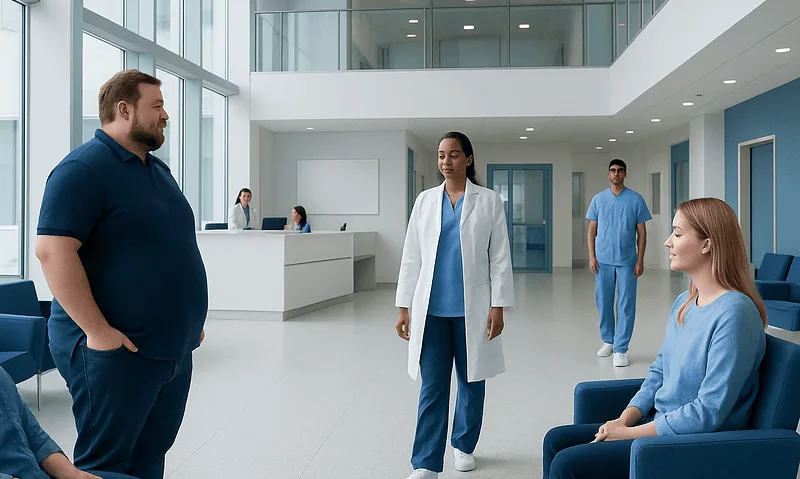 Hospital staff consulting with a patient in a modern medical facility.