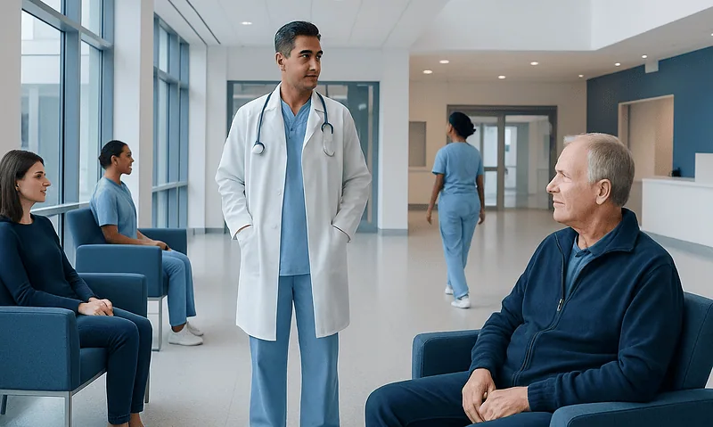 Doctor consulting with elderly patient in hospital waiting area.