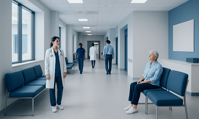 Hospital corridor with medical staff and patient in waiting area.