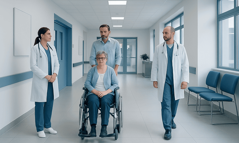 Medical team consulting a patient in a hospital corridor.