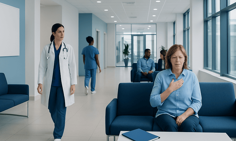 Patient experiencing chest discomfort in hospital waiting area.
