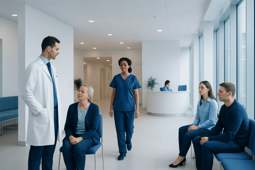 Dural Arteriovenous Fistula: Pulsatile Tinnitus, MRI, and Endovascular Treatment 1 Medical consultation in a modern hospital waiting area with healthcare professionals and patients.
