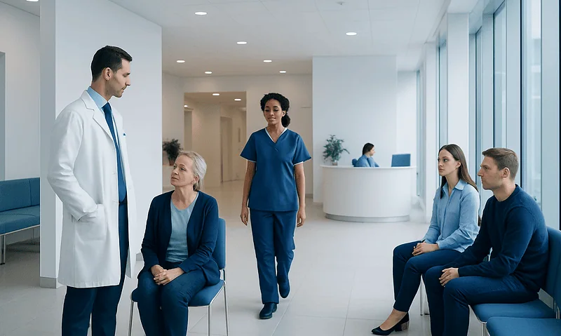 Medical consultation in a modern hospital waiting area with healthcare professionals and patients.