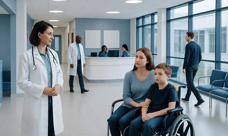 Pediatric patient in wheelchair with mother in hospital corridor.