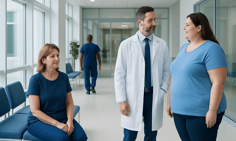 Doctor talking to a woman in a hospital corridor with another woman sitting nearby.