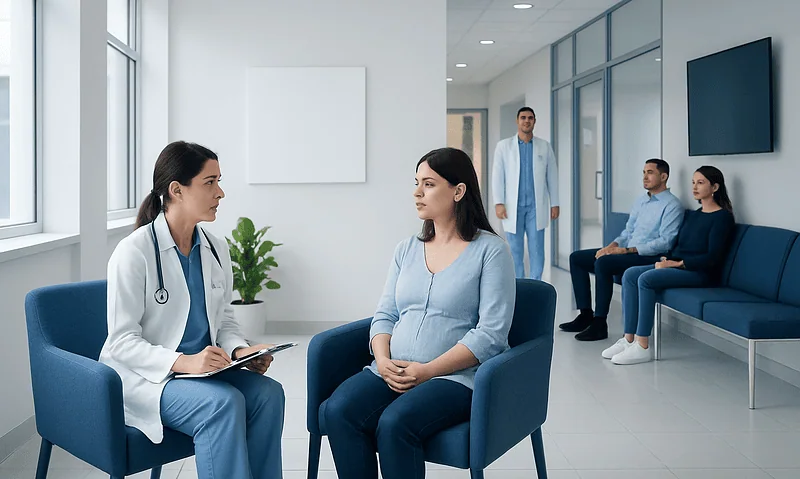 Doctor consulting pregnant woman in a modern hospital waiting area.