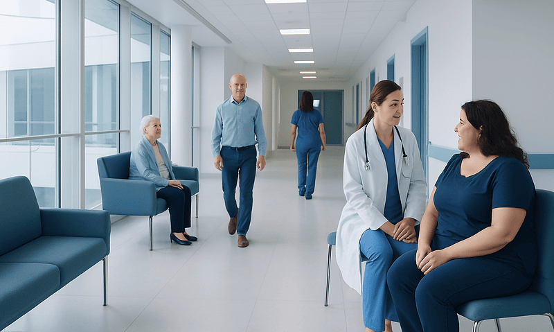 Healthcare professionals and patients in a modern hospital corridor.