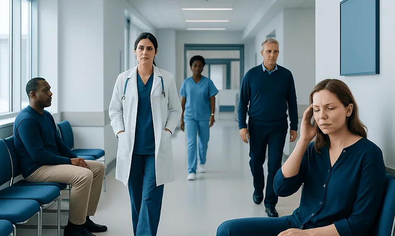 Patient experiencing headache in hospital corridor with medical staff nearby.