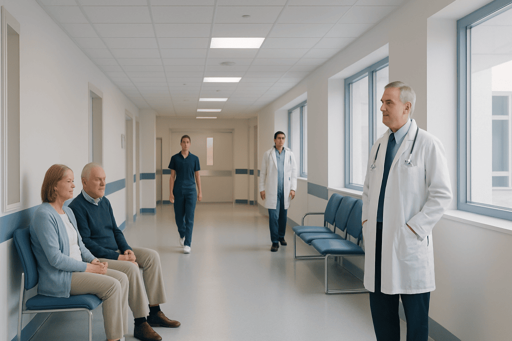 Coronary Bypass Surgery With Low Ejection Fraction: Benefits, Risks, and Planning 1 Medical consultation in hospital corridor with doctor and patients.