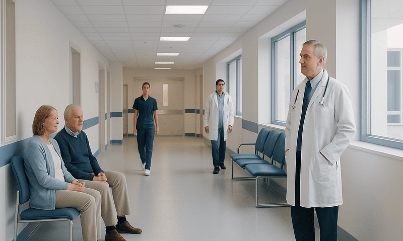 Medical consultation in hospital corridor with doctor and patients.
