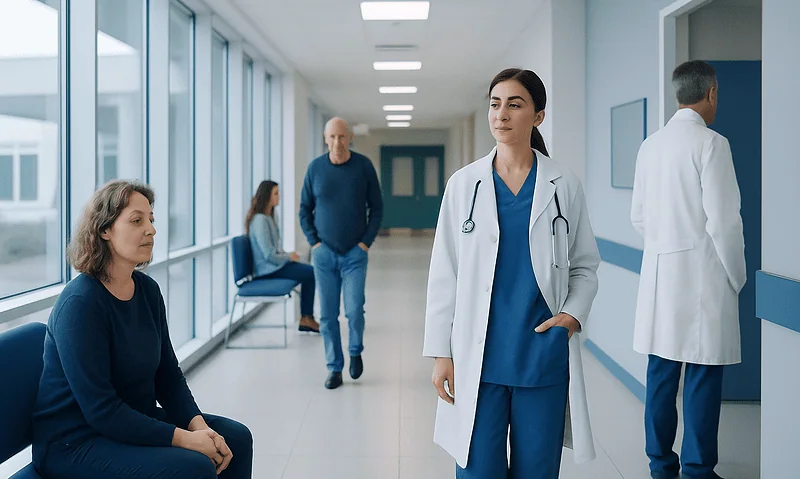 Healthcare professionals and patients in a hospital corridor.