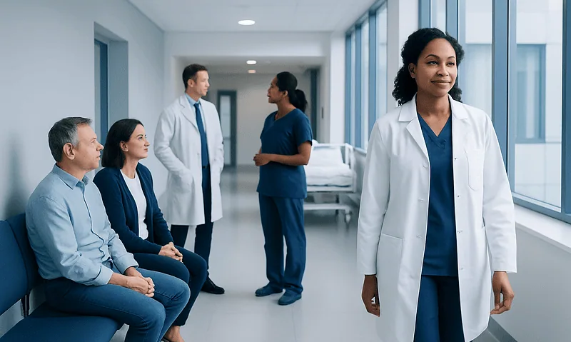 Medical team in hospital corridor with doctor and patients.