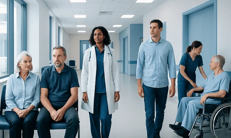 Medical team consulting patients in hospital corridor.