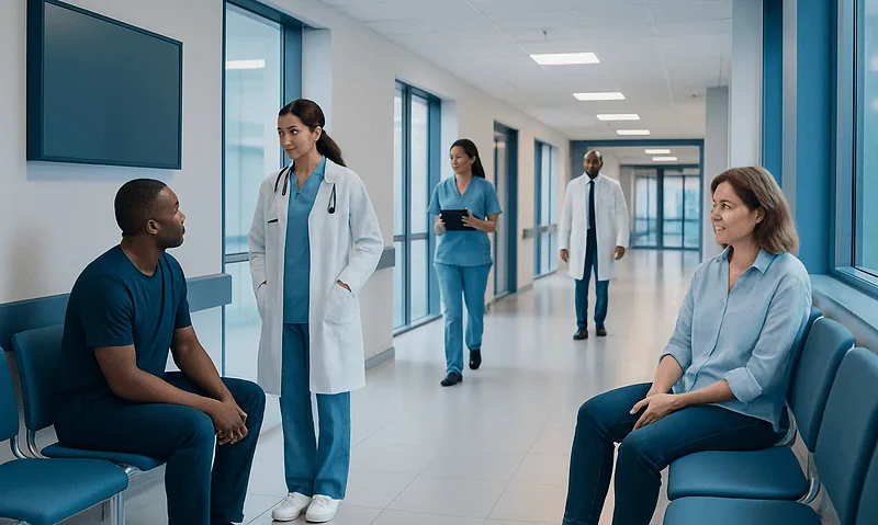 Restless Legs Syndrome: Nighttime Urges, Sleep Testing, and Treatment 2 Medical staff consulting with patients in a hospital corridor.