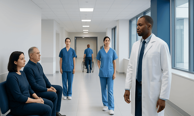Medical team discussing patient care in hospital corridor.