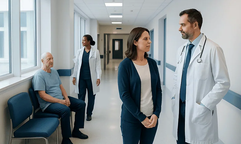Doctors and patient in hospital corridor discussing health concerns.