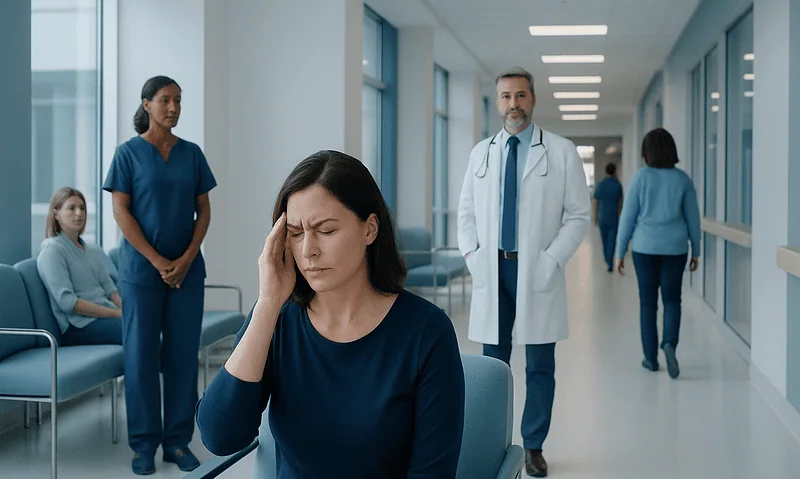 Woman experiencing headache in hospital corridor with medical staff nearby.