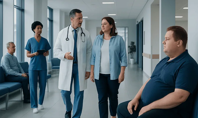 Doctor consulting with a patient in a hospital corridor with staff and patient present.