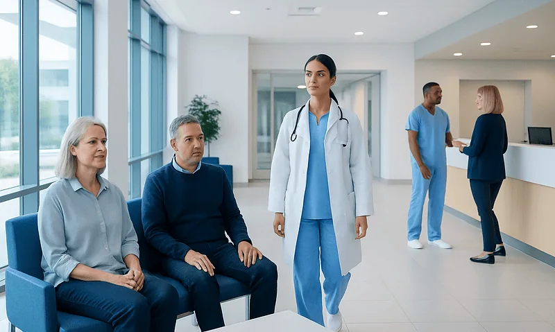Healthcare professionals and patients in a modern hospital waiting area.
