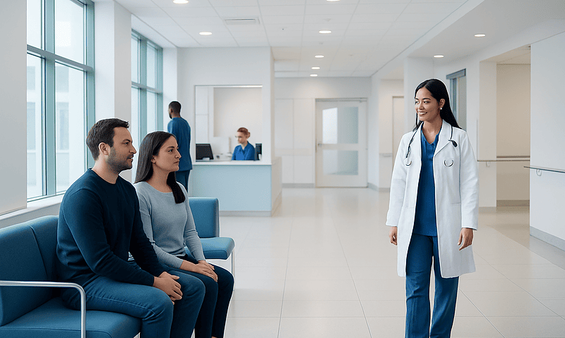 Doctor consulting with patients in a modern hospital waiting area.