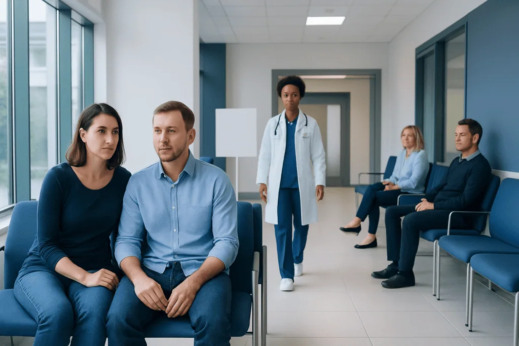 Recurrent Miscarriage and IVF: Testing, PGT, and Treatment Planning 1 Patients waiting in a medical clinic with healthcare professionals present.