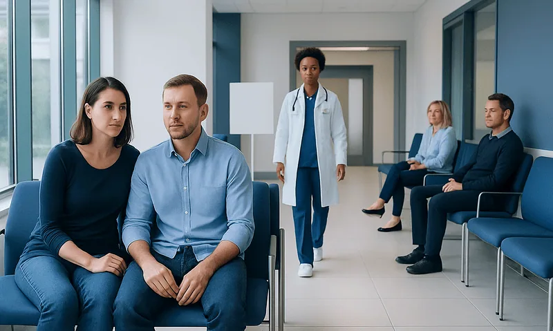 Patients waiting in a medical clinic with healthcare professionals present.