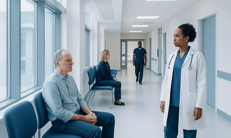 Doctor consulting with patients in a hospital corridor.