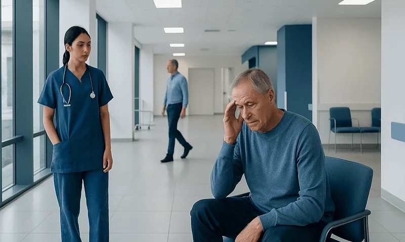 Concerned elderly man in hospital waiting area with nurse nearby.