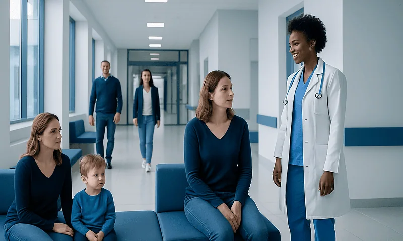 Doctor consulting with a young girl and her family in a hospital corridor.
