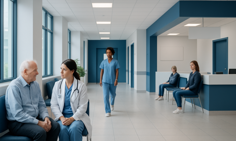 Medical consultation in a modern hospital corridor with healthcare professionals and patients.