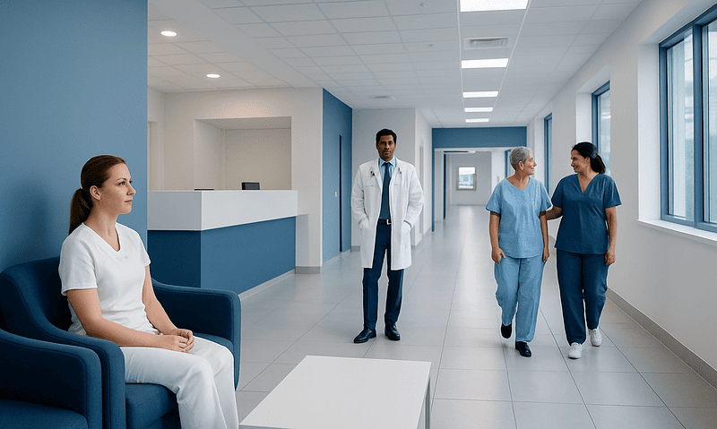 Dental Clearance Before CABG: Why Oral Infections Matter 7 Hospital corridor with medical staff and patient in waiting area.