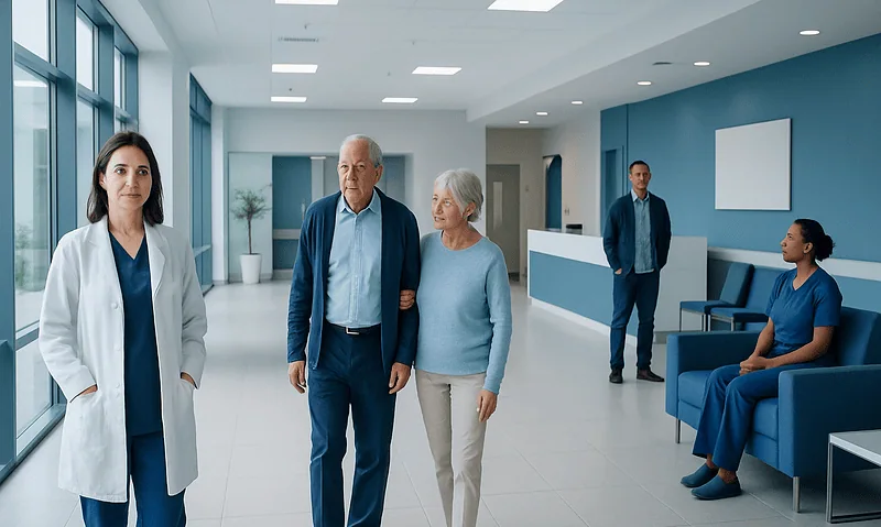 Healthcare professionals and patients in a modern hospital corridor.