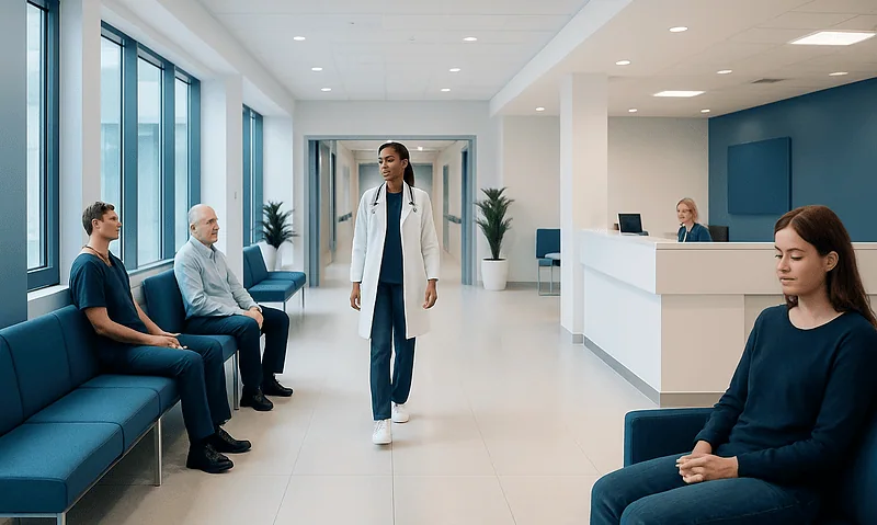 Essential Tremor: Diagnosis, Medication Options, and When DBS Is Considered 1 Medical staff and patients in a modern hospital waiting area.