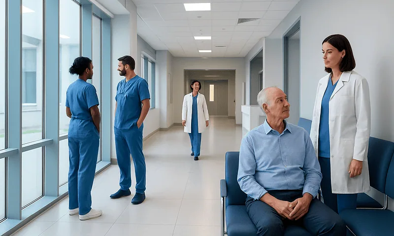 Hospital corridor with medical staff and patient in a healthcare setting.