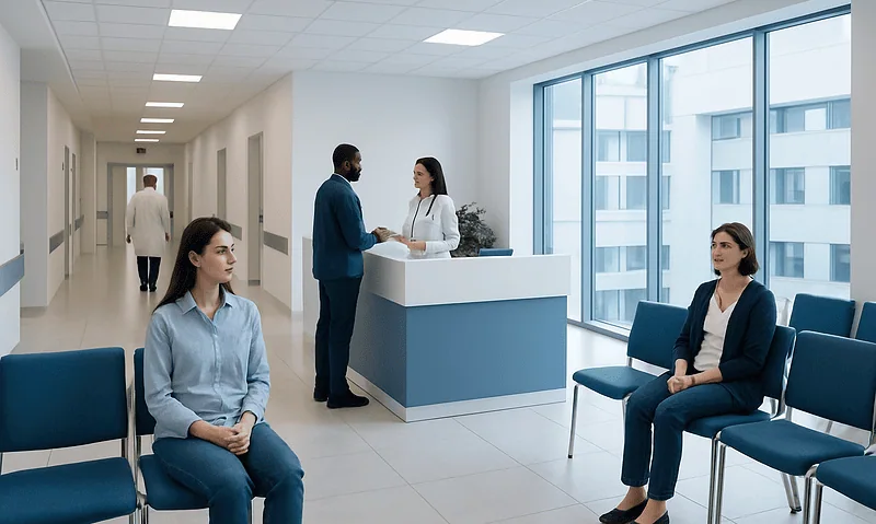 Modern hospital waiting area with patients and staff.
