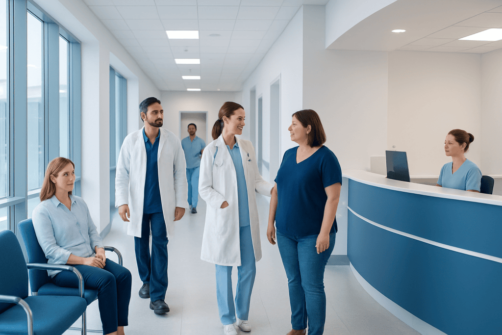 Idiopathic Intracranial Hypertension: Headache, Vision Risk, and Treatment 1 Medical team discussing patient care in hospital corridor at Acibadem Hospitals.