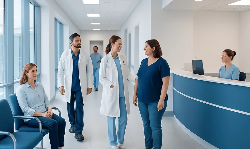 Medical team discussing patient care in hospital corridor at Acibadem Hospitals.