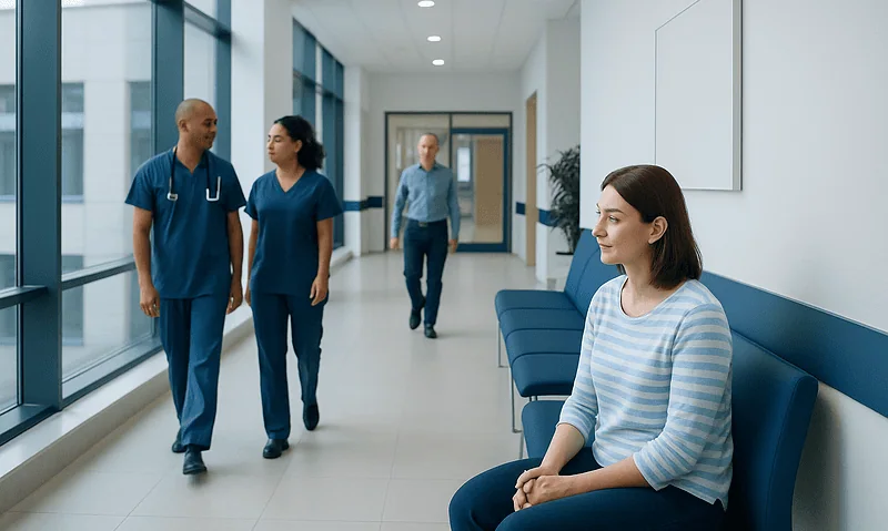 Patients and medical staff in a modern hospital corridor.