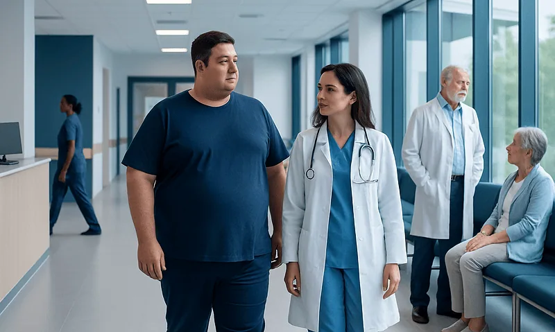 Healthcare professionals and patient in hospital corridor.