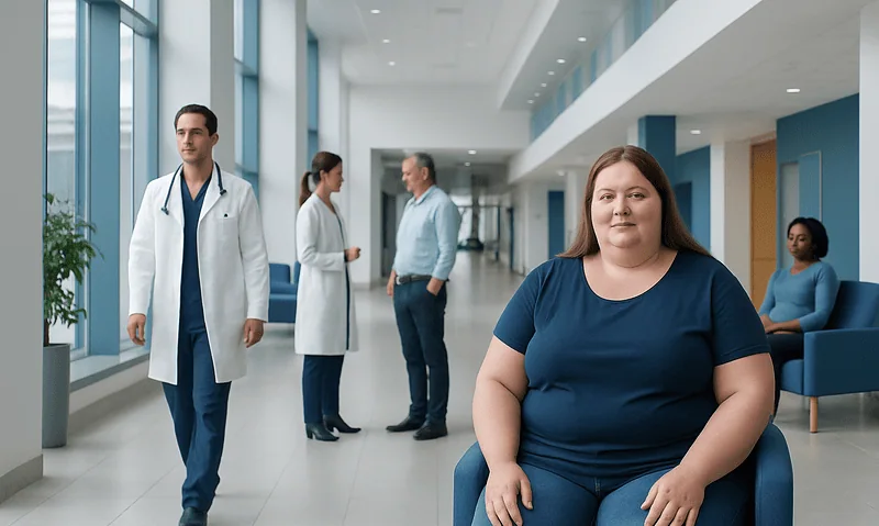 Patient in a hospital corridor with medical staff and visitors.